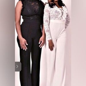 Black lace sleeveless top onepiece & lace long sleeve white one piece pants suit